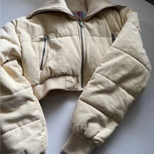 Urban Outfitters Cream Corduroy Cropped Puffer Coat